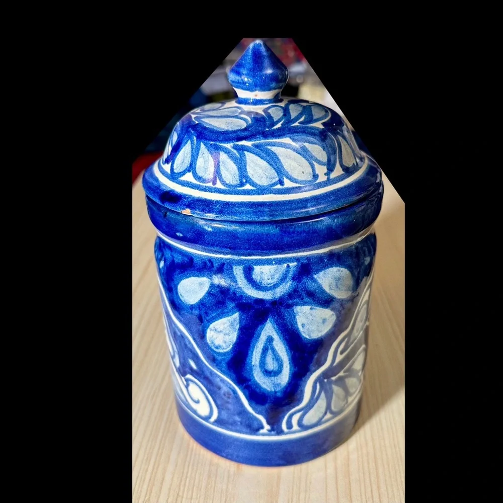 Amora Mexican Hand Painted Cobalt Blue Pottery Canister with Lid 9 1/2”